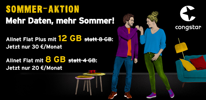 congstar Sommer-Aktion: Nur 20  monatlich fr 8 GB | Allnet Flat 
