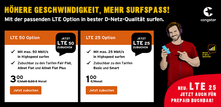 congstar - LTE 50 Option fr nur 3  zubuchbar
