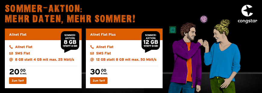 congstar Sommer-Aktion: Nur 20  monatlich fr 8 GB | Allnet Flat 