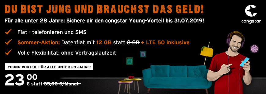 congstar Young Vorteil - Bis 31.07. - Allnet Flat Plus fr nur 23 /Monat sichern