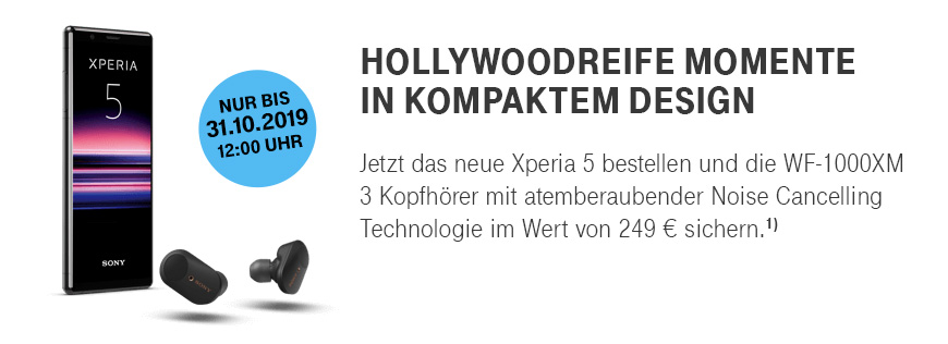 Jetzt Sony Xperia 5 bestellen und WF-1000XM3 Kopfhrer gratis dazu erhalten.